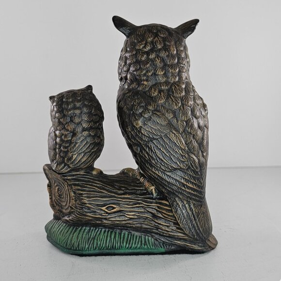 Vintage Owl Mom Baby Perched On Log With Mushrooms Figurine Hand Painted - Picture 4 of 8